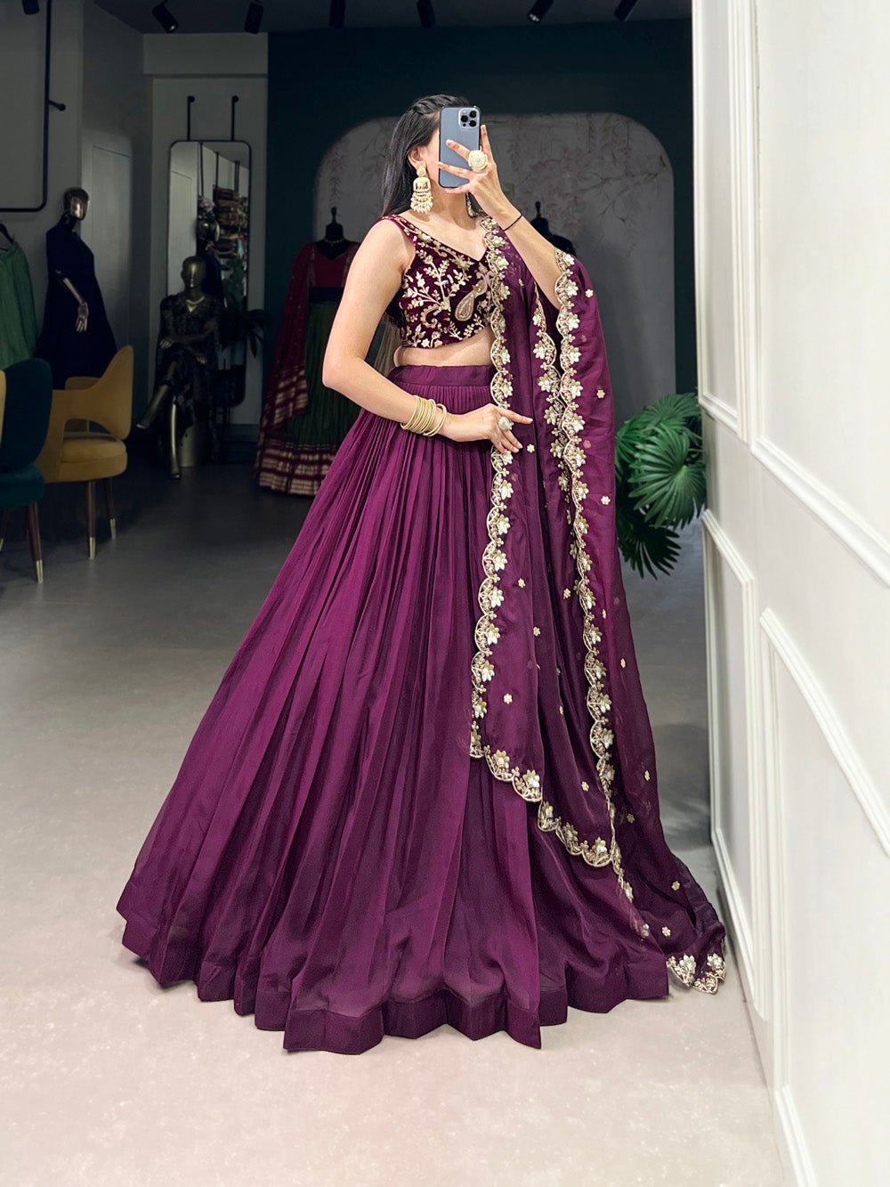 Wine Color Plain With Organza Lehenga Choli