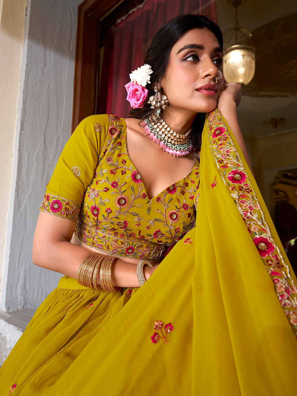 Mustard Color Sequins And Thread Embroidery Work Georgette Lehenga Choli