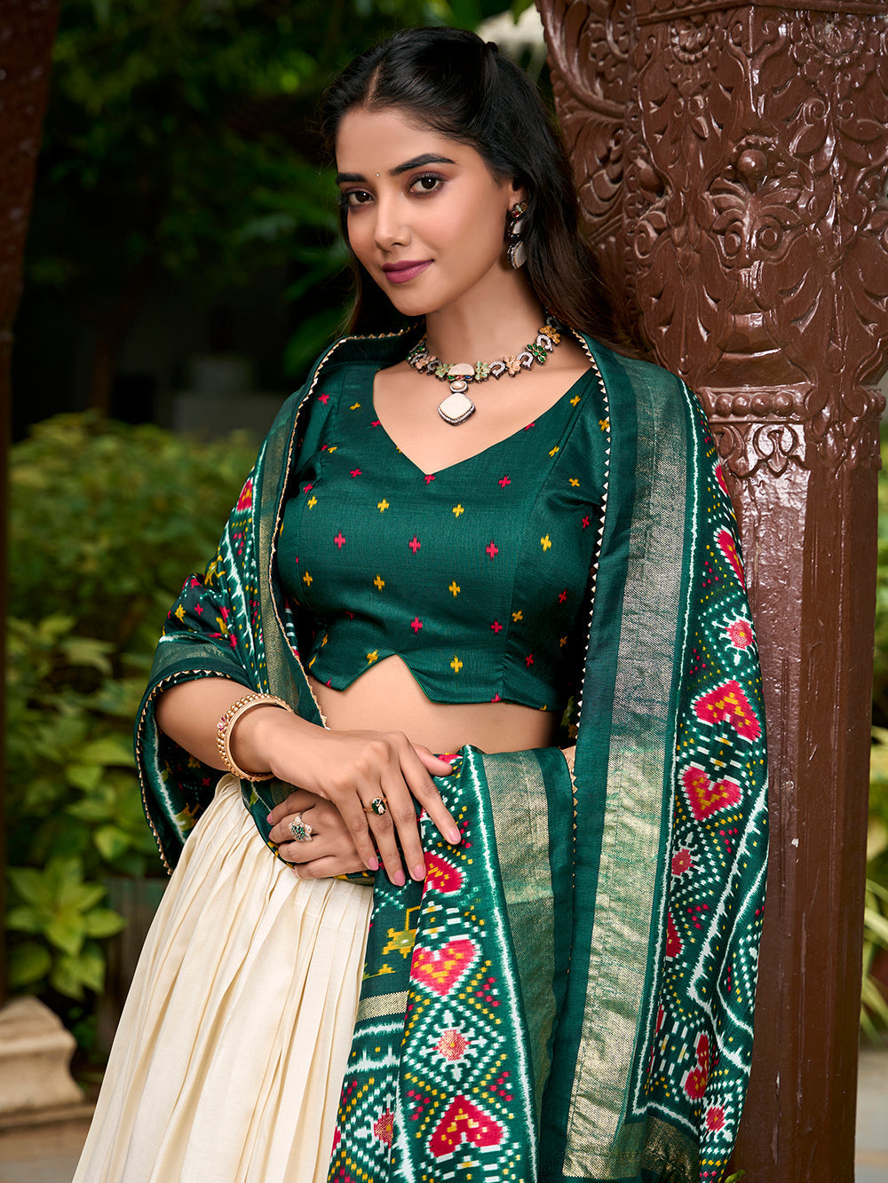 Green Color Patola Print With Tussar Silk Lehenga Choli