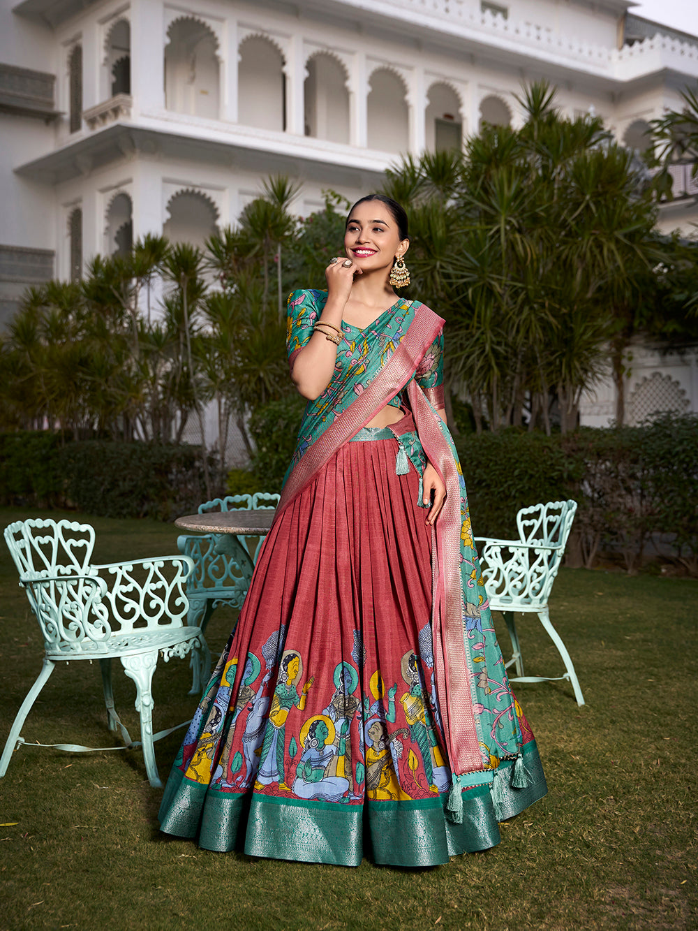 Salmon Color Printed (Kalamkari) With Zari Weaving Border Dola Silk Lehenga Choli