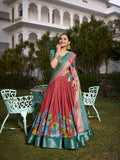 Salmon Color Printed (Kalamkari) With Zari Weaving Border Dola Silk Lehenga Choli