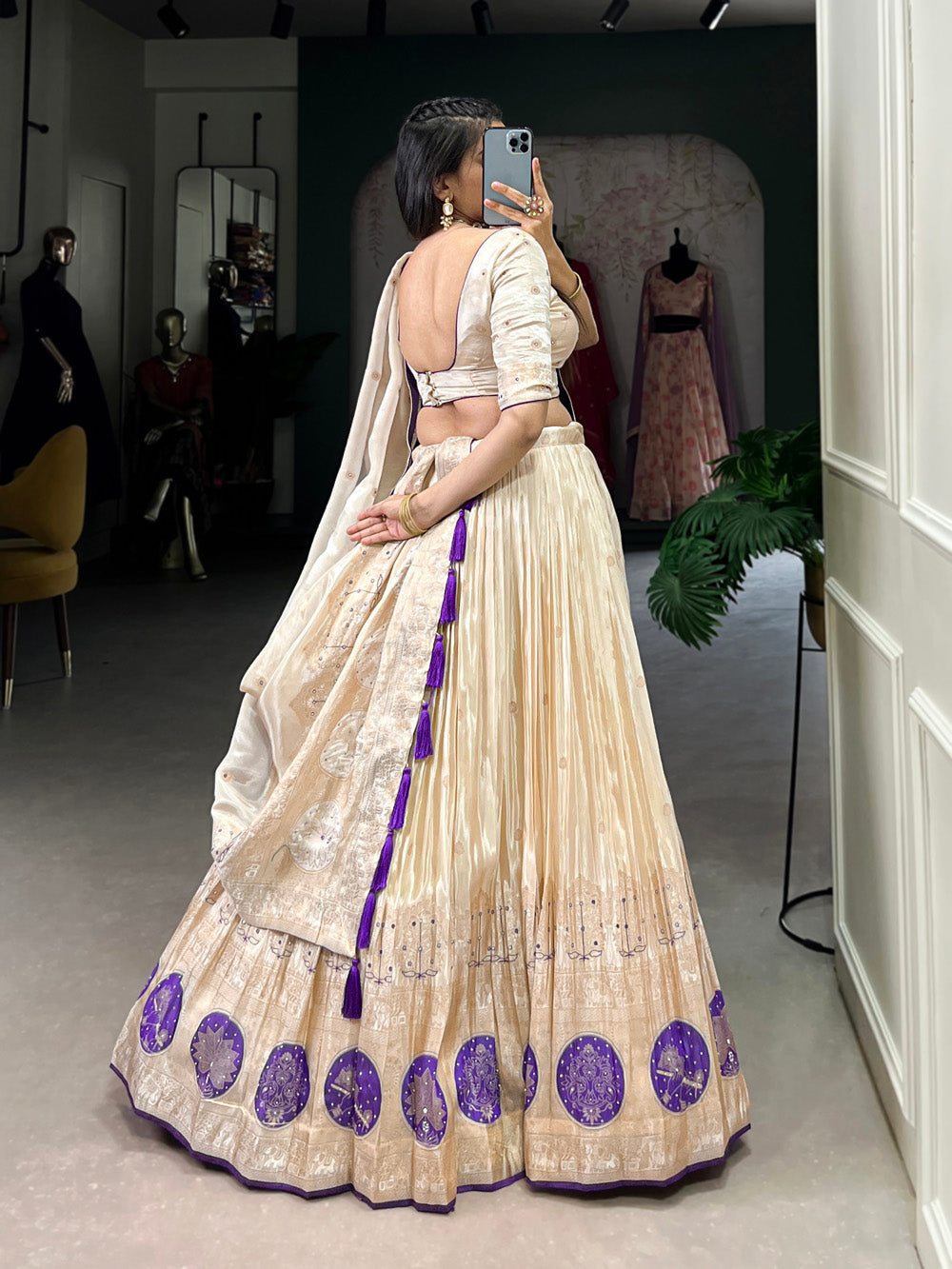 Purple Color Mirror And Bids (Moti) Handwork Shimmer With Weaving Work Lehenga Choli