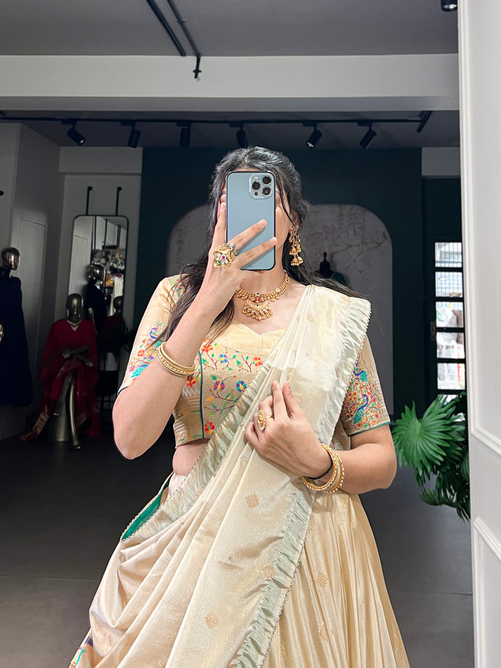 Festive shimmer lehenga choli in bottle green