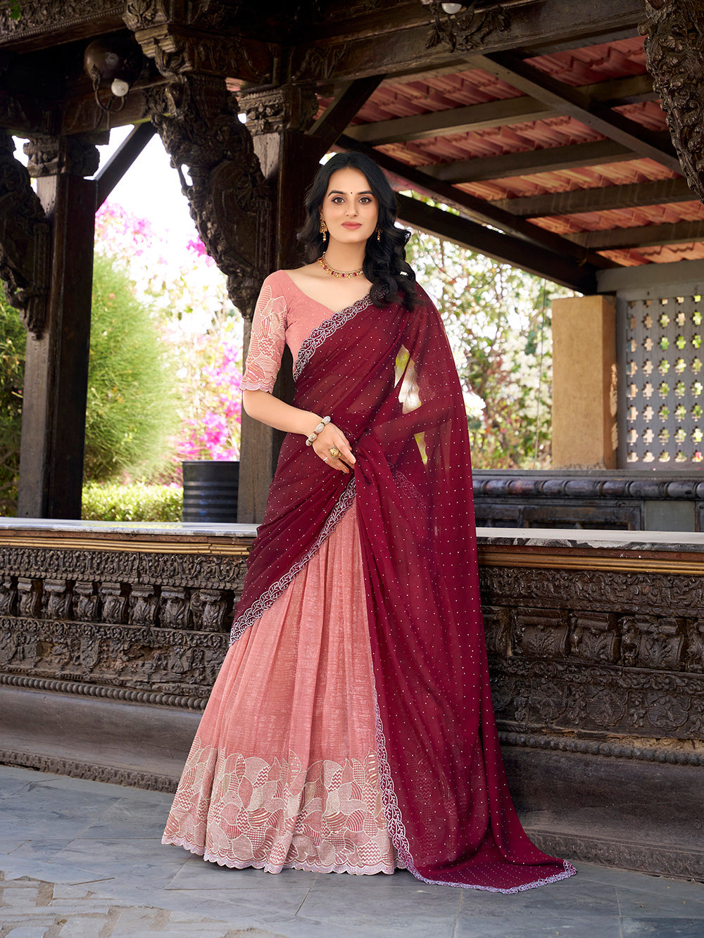 Peach Color Sequins And Embroidery Work With Hotfix Silver Glossy Lehenga Choli