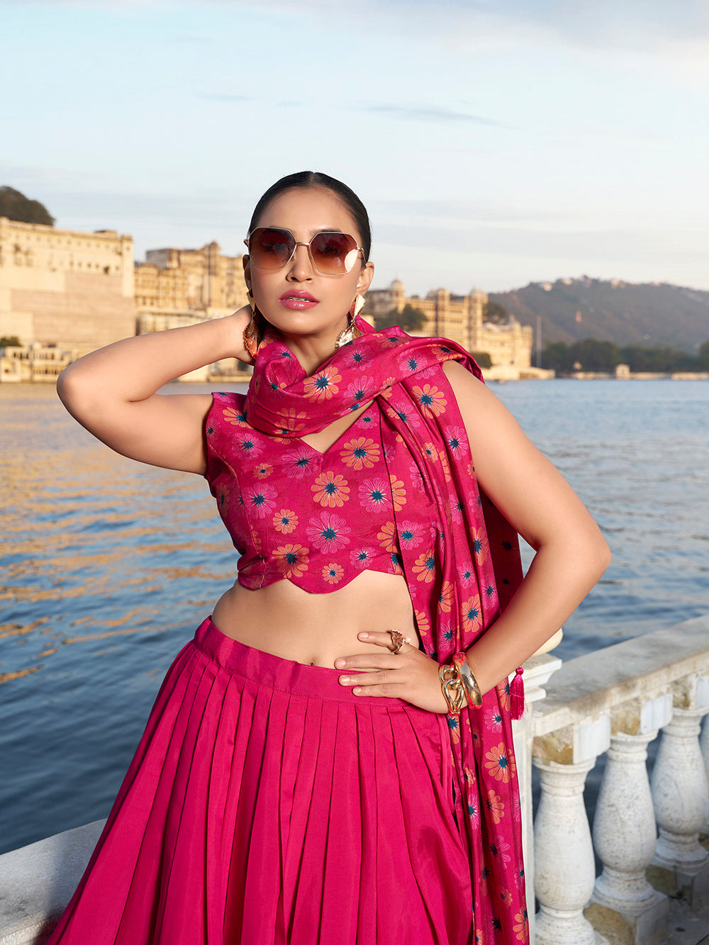 Pink Color Floral Print With Foil Work Tussar Silk Lehenga Choli