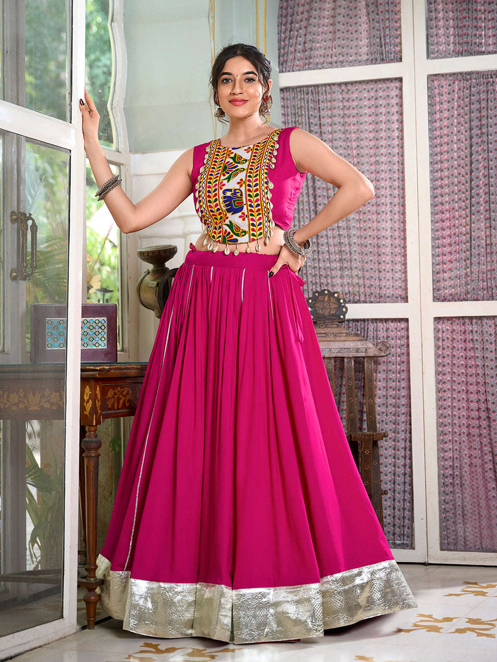 Pink Color Plain And Gamthi Work Rayon Co-ord Set Traditional Wear Choli