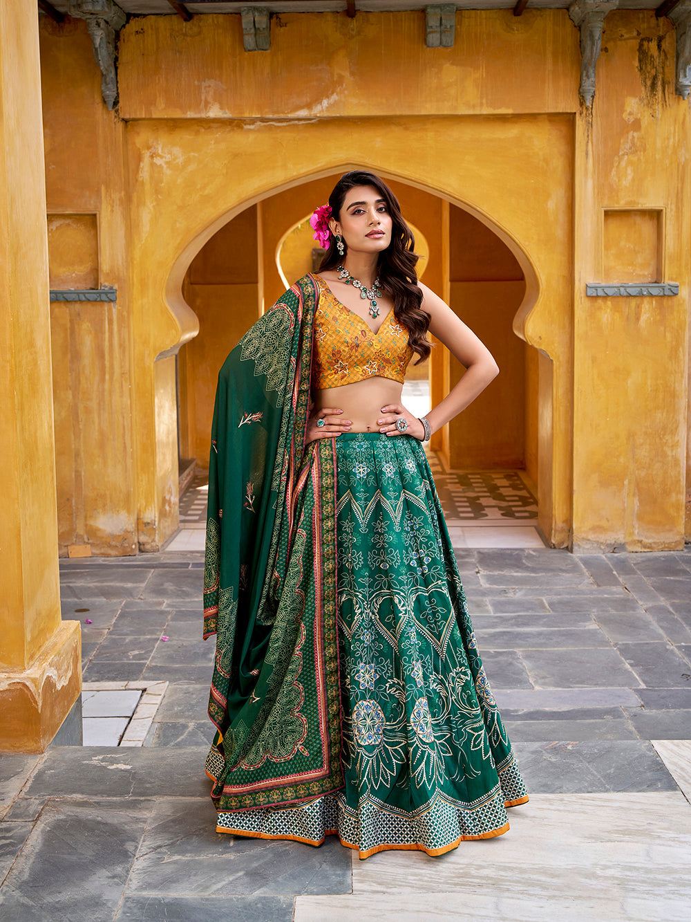 green beads work lehenga with gotta patti