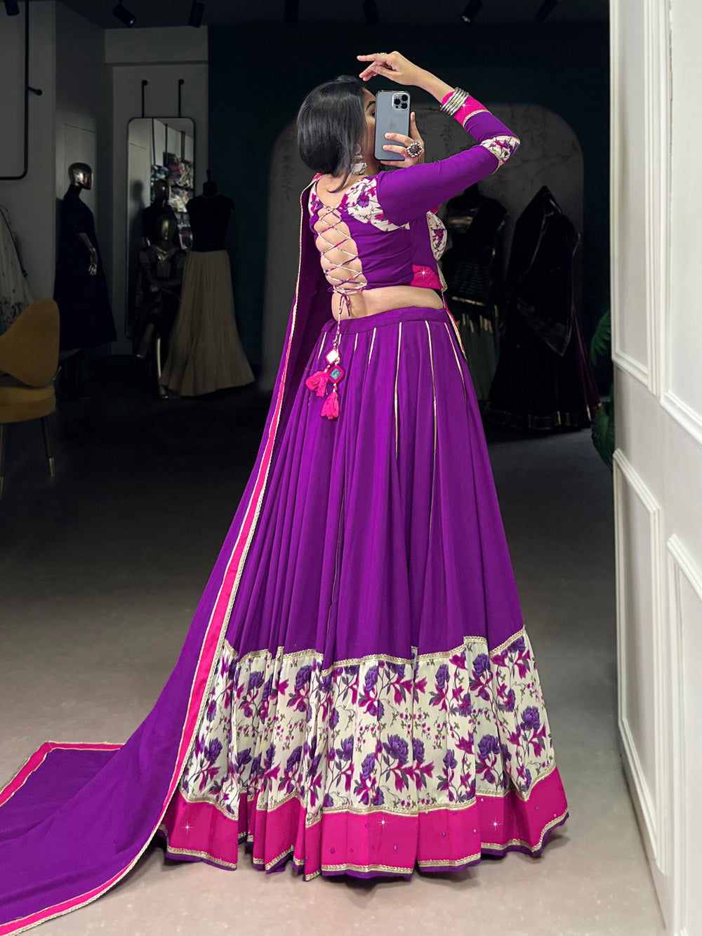 Purple Color Printed And Original Mirror Lace Border Rayon Lehenga Choli