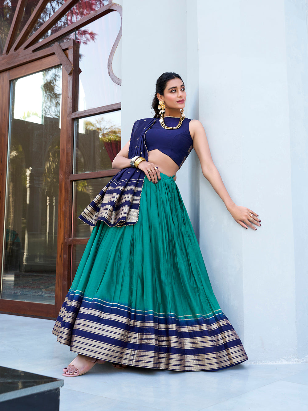 Firozi Color Plain With Zari Weaving Work border Pure Chanderi Lehenga Choli