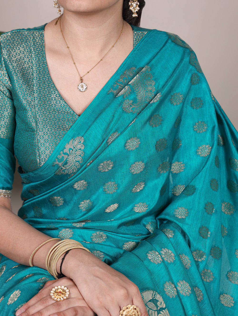 firozi silk saree with lace blouse