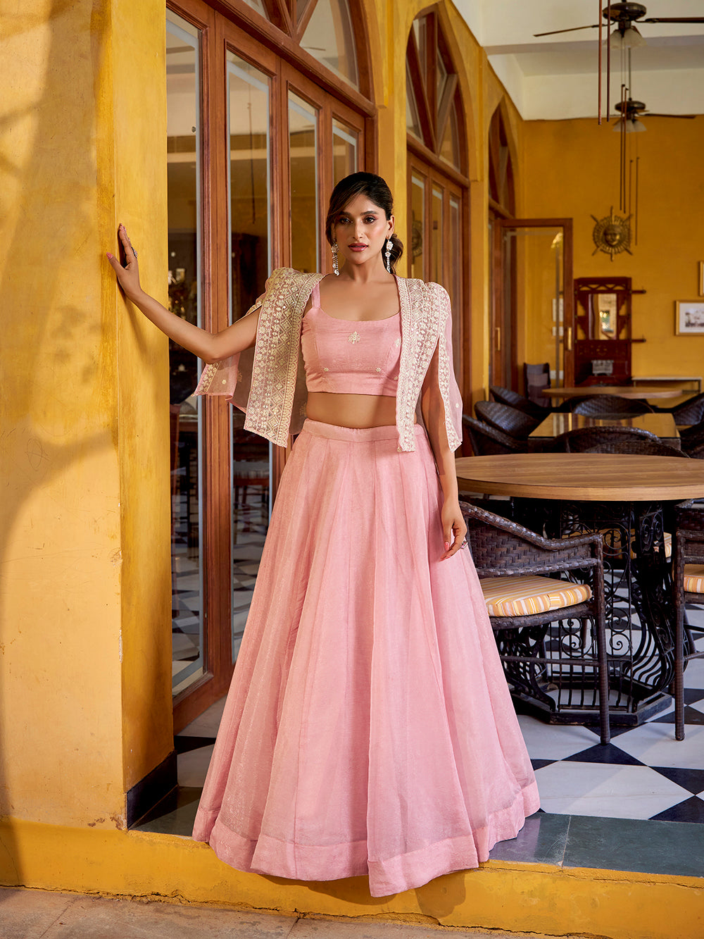 Pastel pink Allen crush chaniya choli with embroidered koti