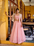 Pastel pink Allen crush chaniya choli with embroidered koti