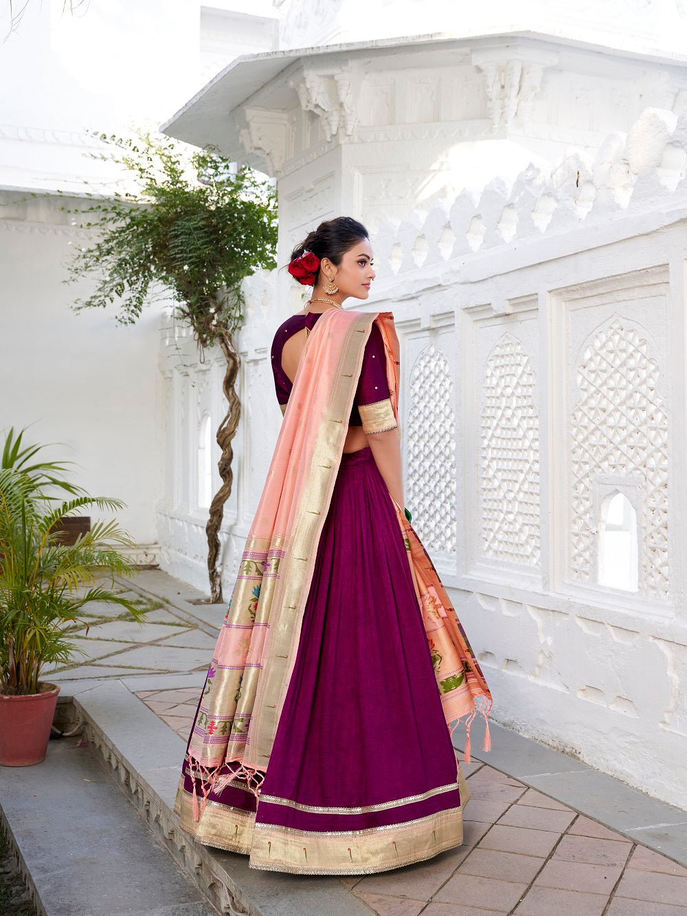 Wine Color Vichitra Silk Plain With Paithani Lace Border South Indian Lehenga Choli