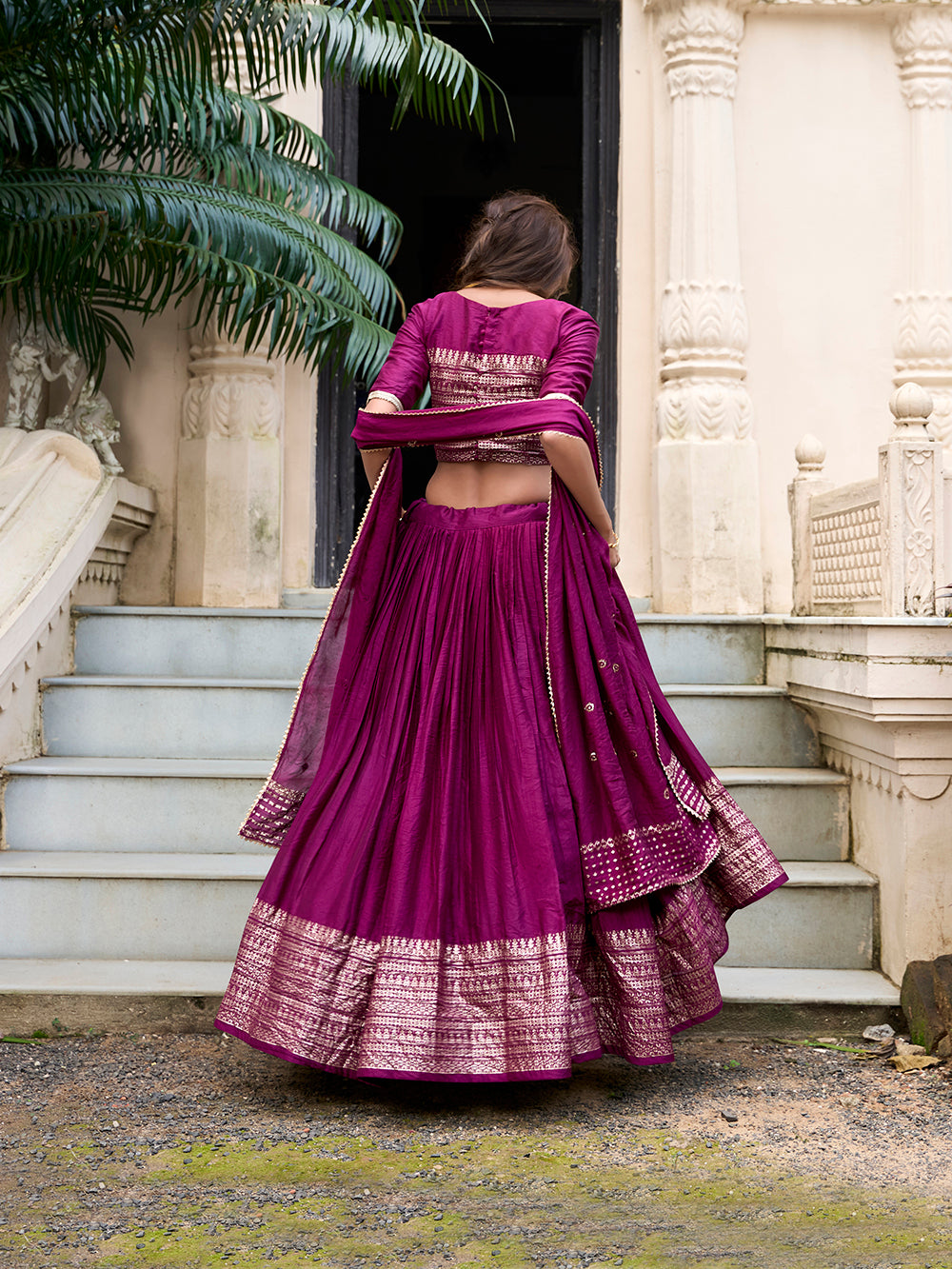Wine Color Plain With Zari Weaving Work Chanderi Lehenga Choli