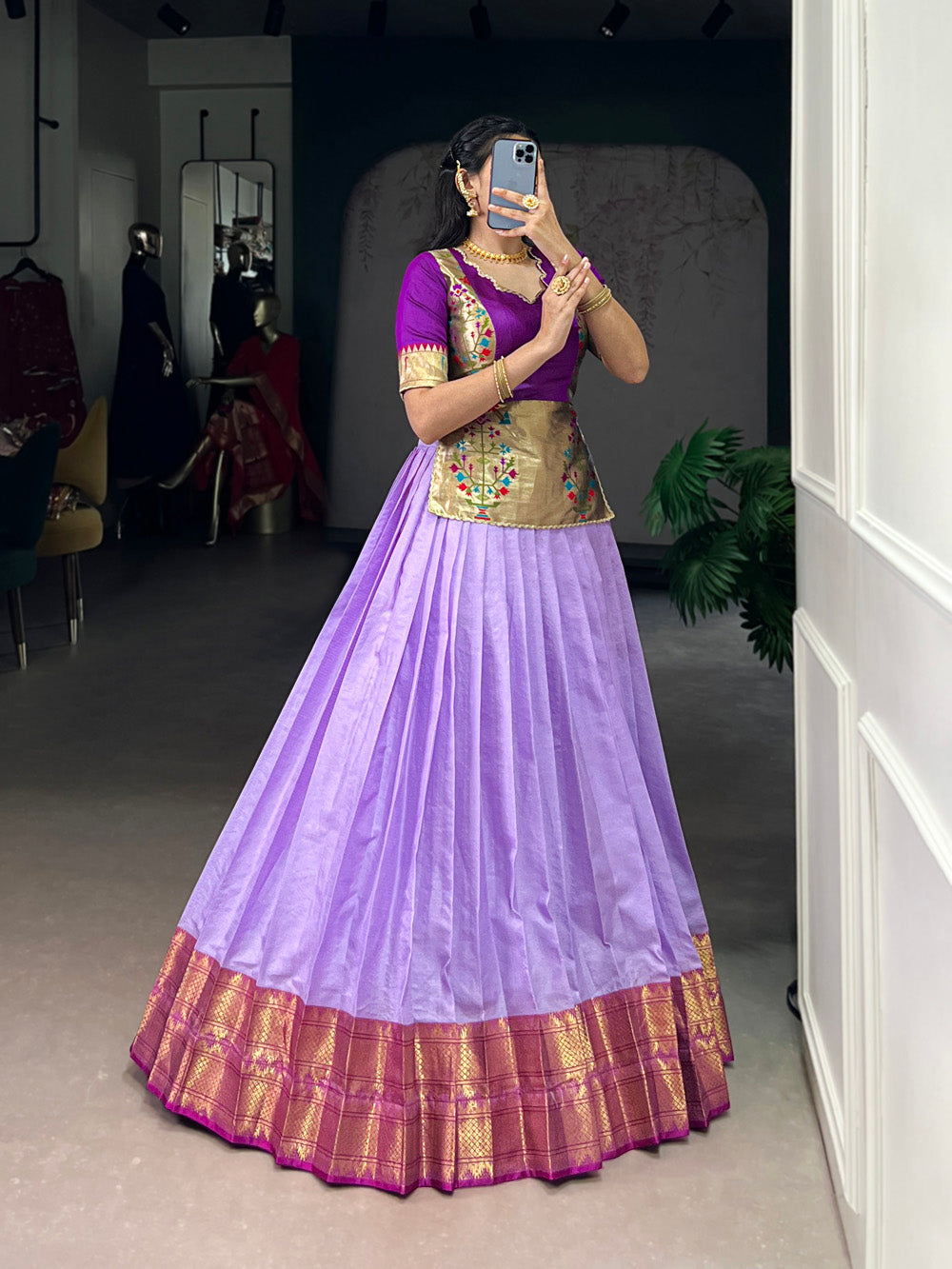 Lavender South Indian-style lehenga choli with zari border