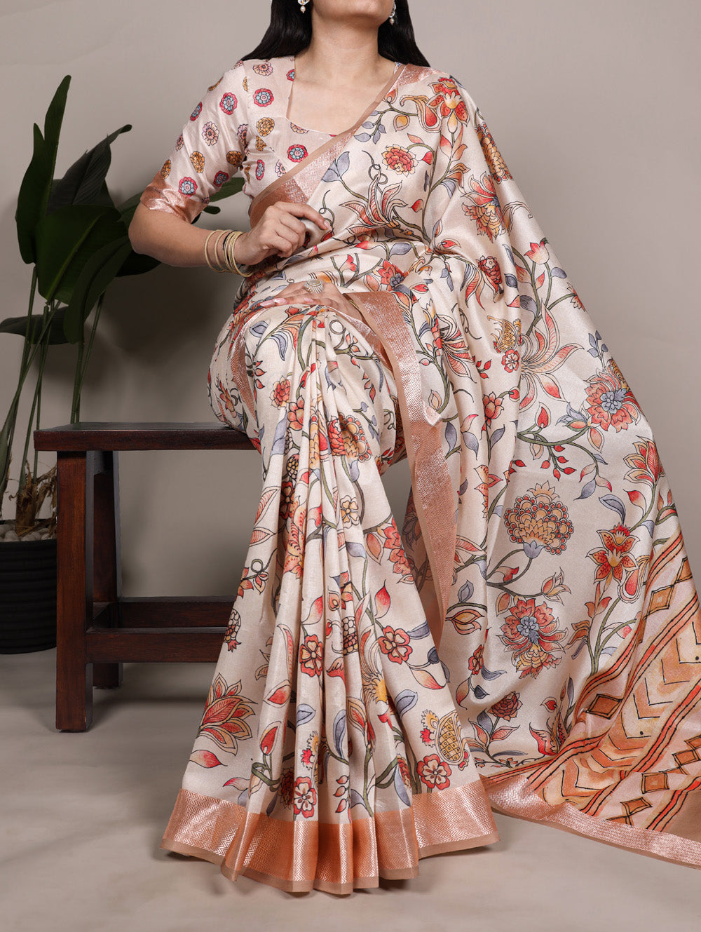 Cream floral printed Tasar silk saree