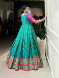 Bottle Green Color Jacquard Silk Patola Print With Zari Weaving Work Gown