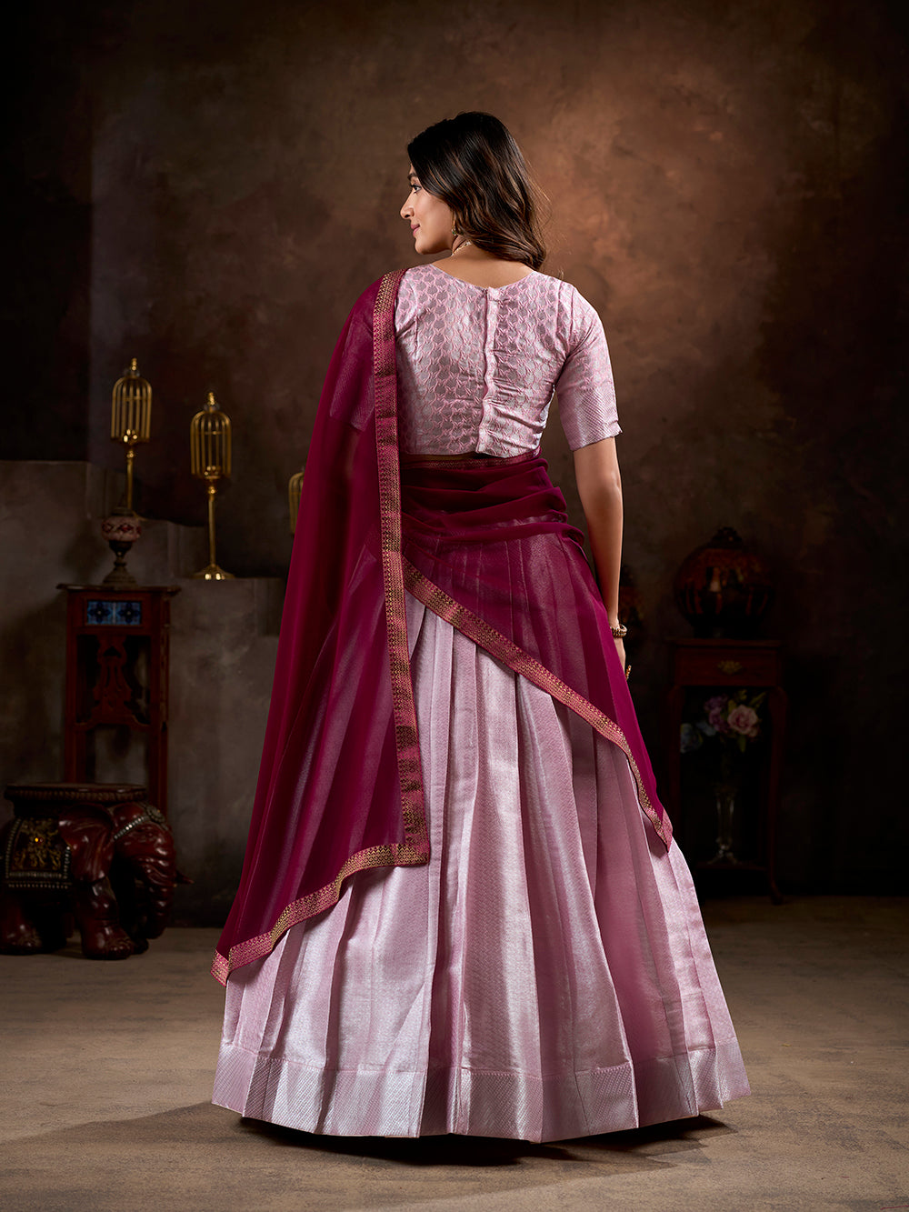 Light Pink Color South Indian Weaving Work Jacquard Silk Lehenga Choli