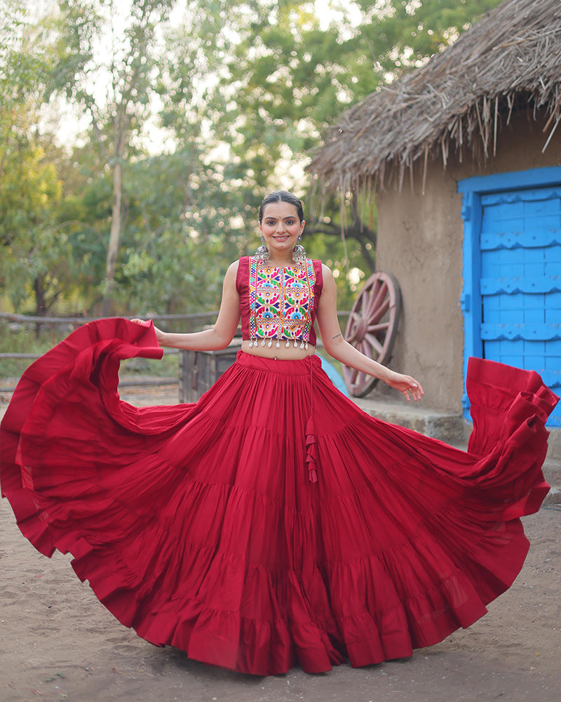 Traditional Maroon Rayon Lehenga Set with Gamthi Embroidered Blouse & Koti