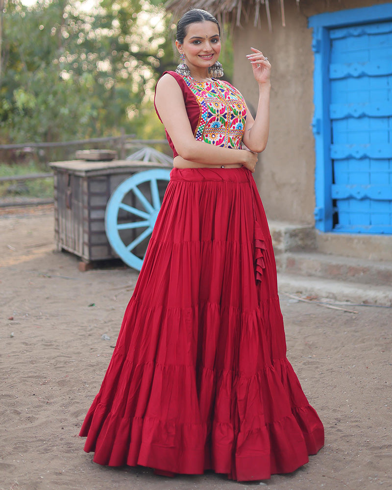 Traditional Maroon Rayon Lehenga Set with Gamthi Embroidered Blouse & Koti