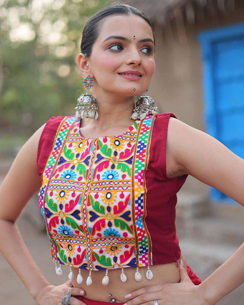 Traditional Maroon Rayon Lehenga Set with Gamthi Embroidered Blouse & Koti