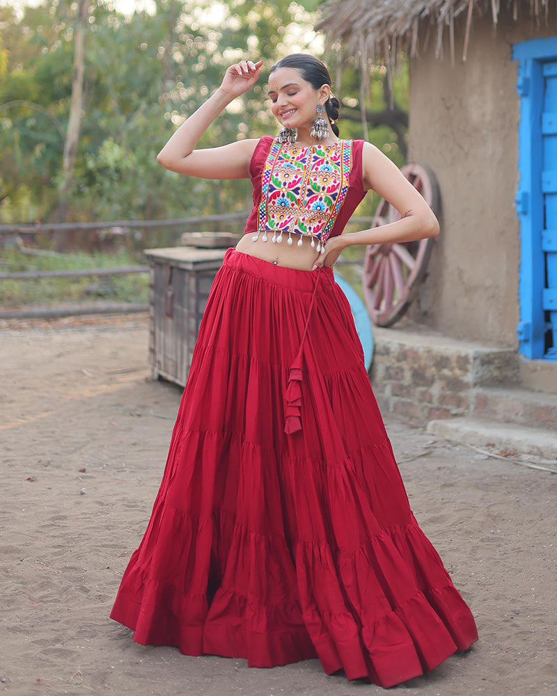 Traditional Maroon Rayon Lehenga Set with Gamthi Embroidered Blouse & Koti