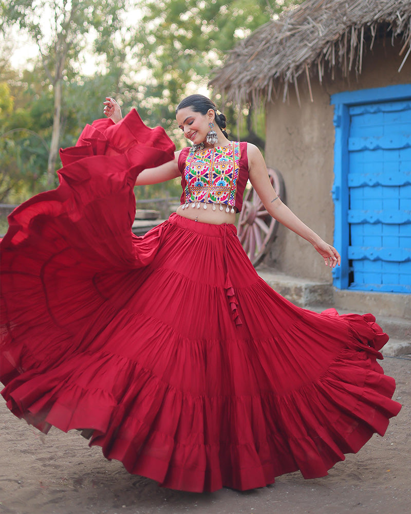 Traditional Maroon Rayon Lehenga Set with Gamthi Embroidered Blouse & Koti