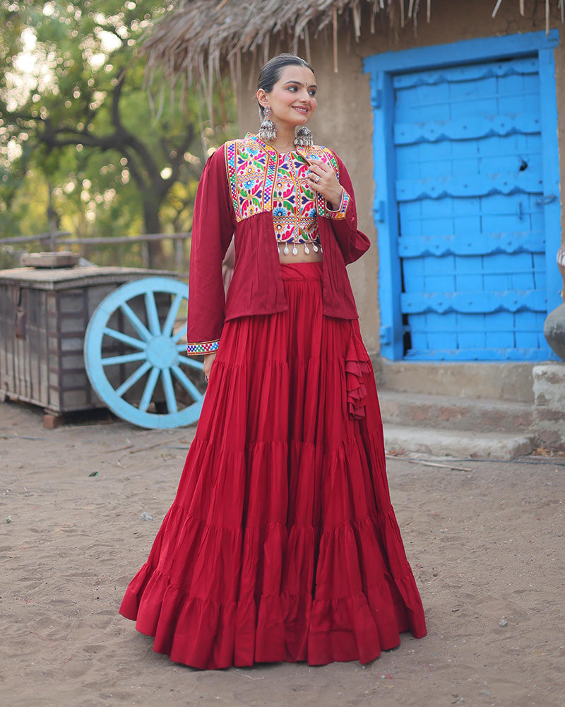 Traditional Maroon Rayon Lehenga Set with Gamthi Embroidered Blouse & Koti