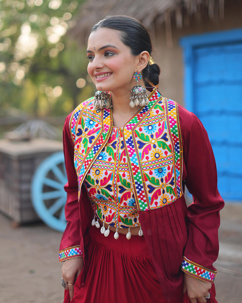 Traditional Maroon Rayon Lehenga Set with Gamthi Embroidered Blouse & Koti