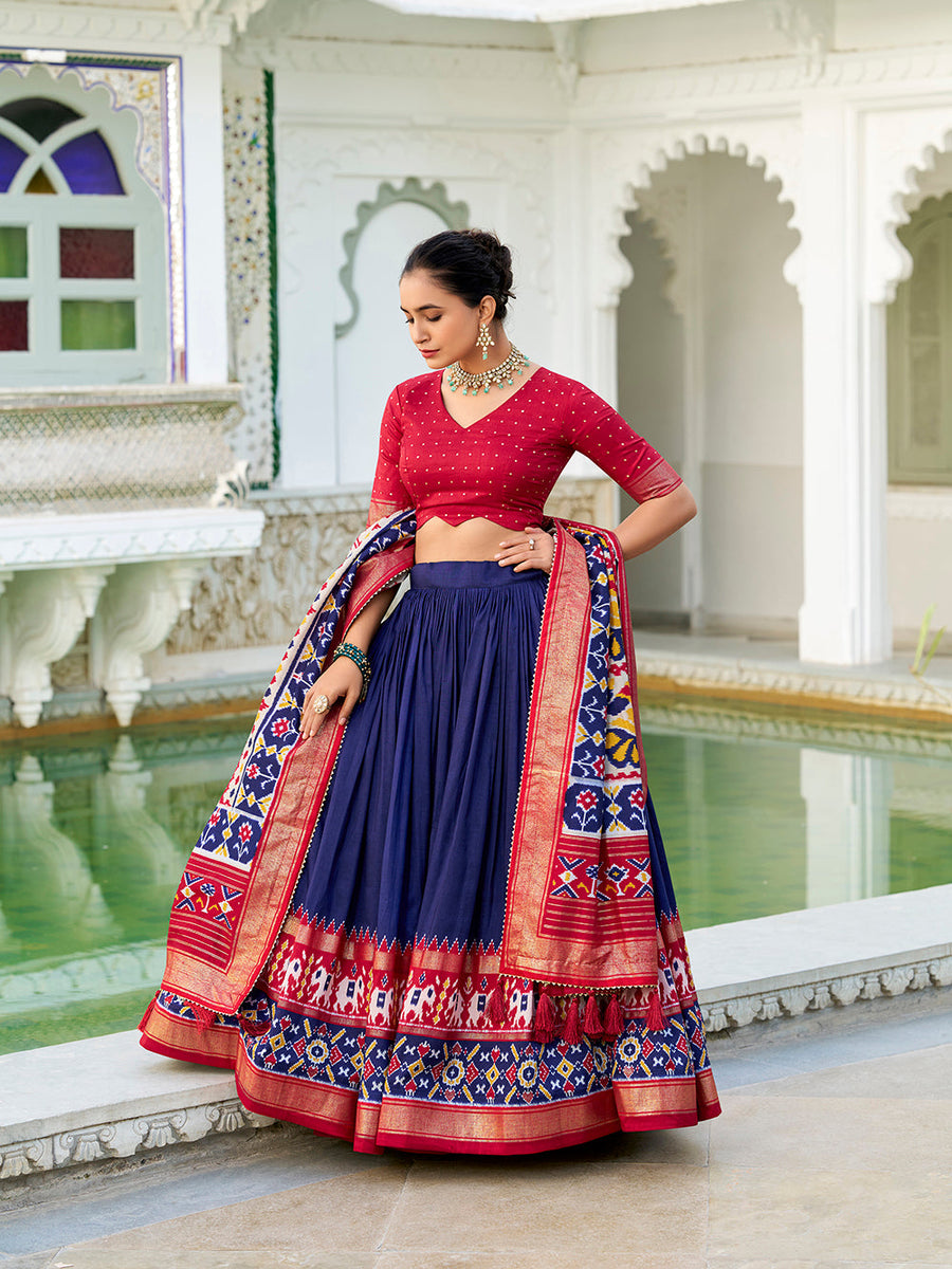 Navy blue Tasar silk lehenga choli with Ikkat Patola print