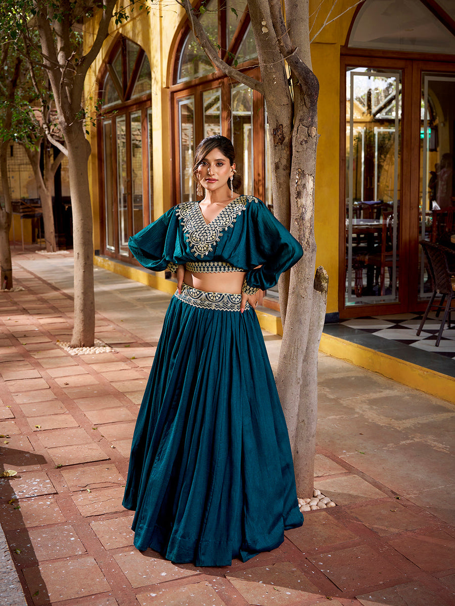 Peacock Blue Color Thread Embroidery Vichitra Silk Co-ord Set