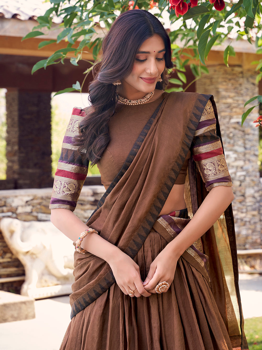 Brown Color Plain With Zari Weaving Work Chanderi Silk Lehenga Choli
