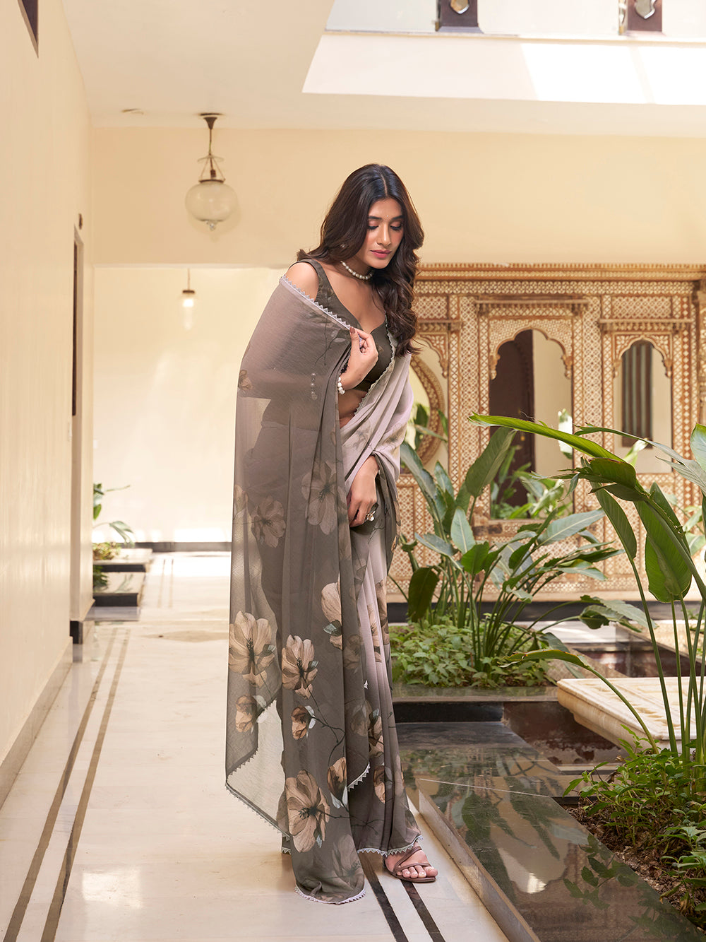 Coffee floral printed saree for haldi