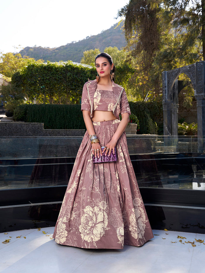 Cream Tussar silk floral print lehenga choli