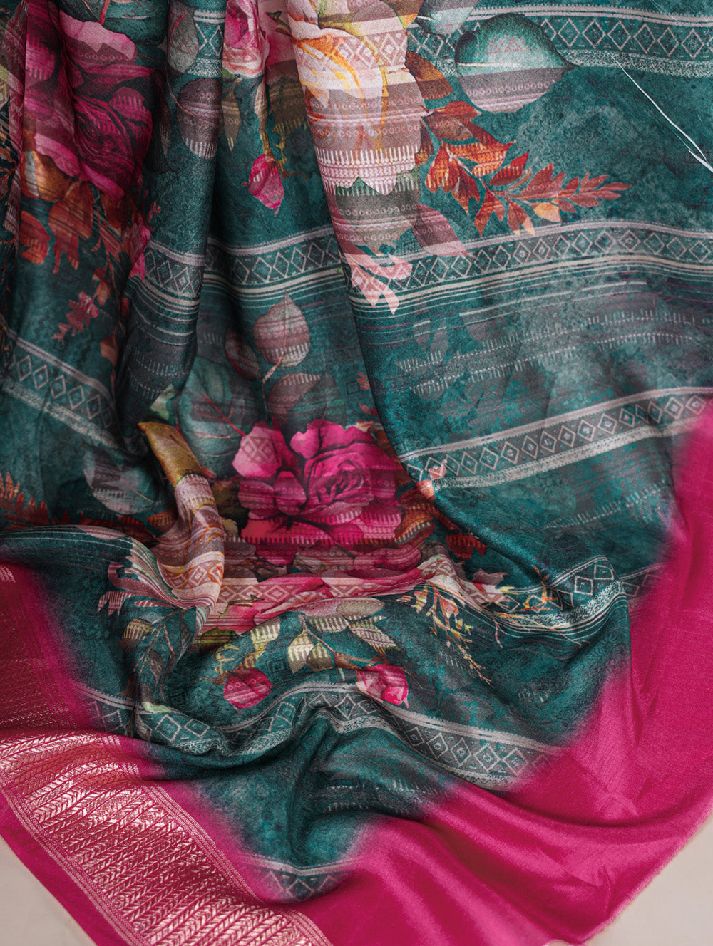 Floral printed tussar silk saree in green