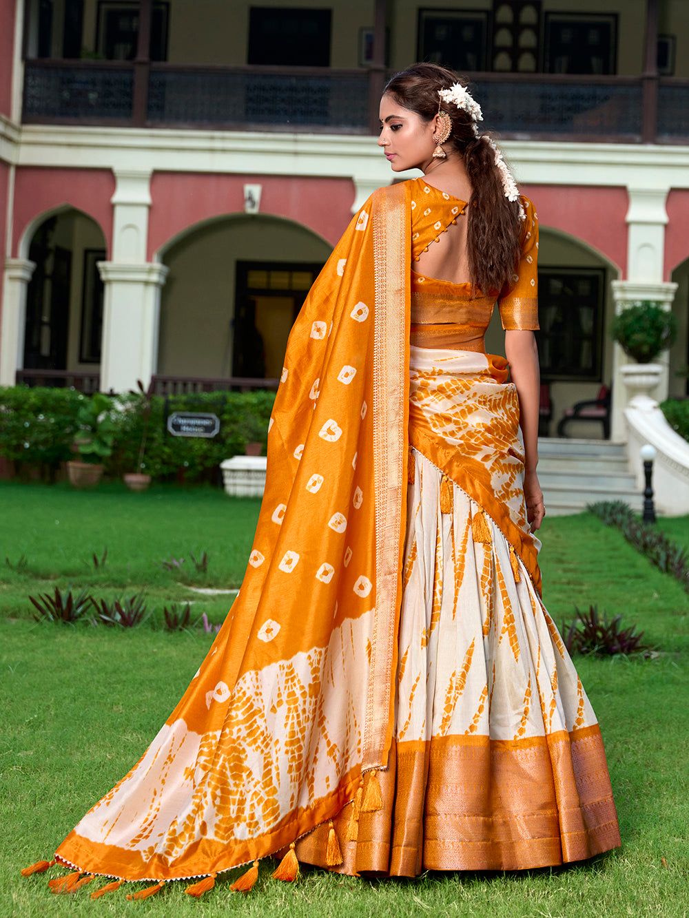 Mustard Color Shibori Print With Zari Weaving Border Dola Silk Chaniya Choli