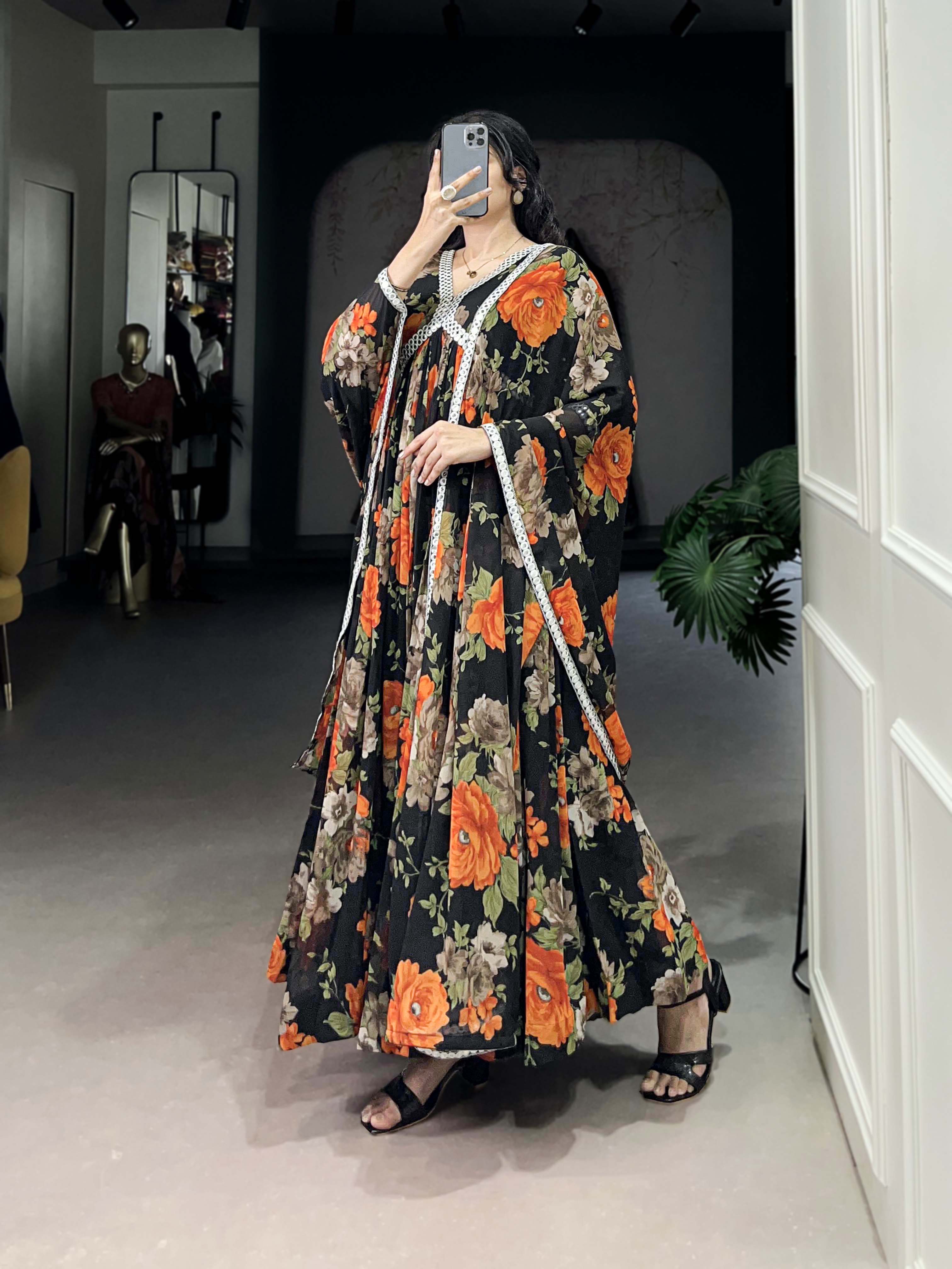 Orange Color Floral Printed And Paper Mirror Lace Georgette Gown