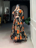 Orange Color Floral Printed And Paper Mirror Lace Georgette Gown