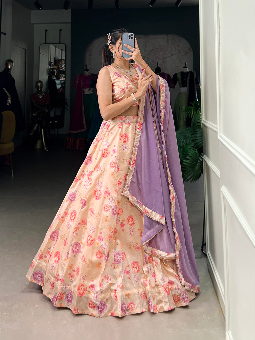 Peach Color Tussar Silk Floral Print With Handwork Lehenga Choli
