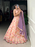 Peach Color Tussar Silk Floral Print With Handwork Lehenga Choli
