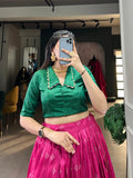 Pink Color Kalamkari Print With Zari Weaving Border Dola Silk Lehenga Choli