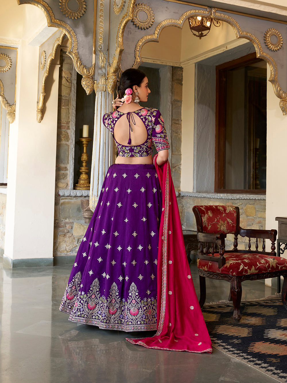 Purple Color Sequins And Thread Embroidery Work Vichitra Silk Lehenga Choli