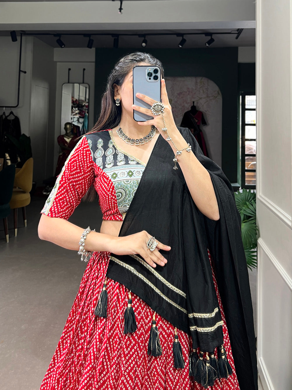 Red Color Bandhej And Ajarakh Print With Gota Lace Border Rayon Chaniya Choli