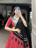 Red Color Bandhej And Ajarakh Print With Gota Lace Border Rayon Chaniya Choli