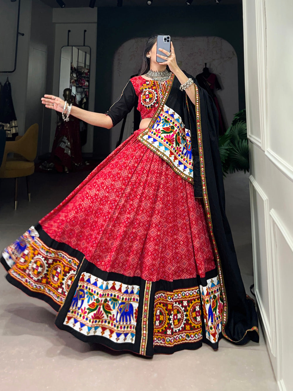 Red Color Printed And Gamthi Work With Mirror Work Cotton Chaniya Choli