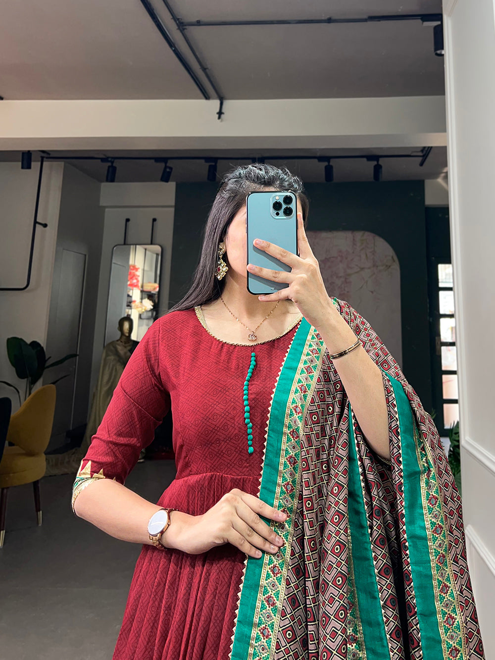 Maroon Color Print With Foil Print Tussar Silk Dress