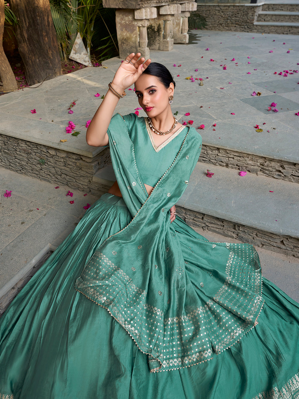 Festive sea green Chanderi lehenga choli
