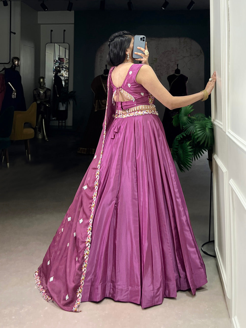 Magenta Pink Color Sequins and Thread Embroidery Work Silk Crepe Lehenga Choli