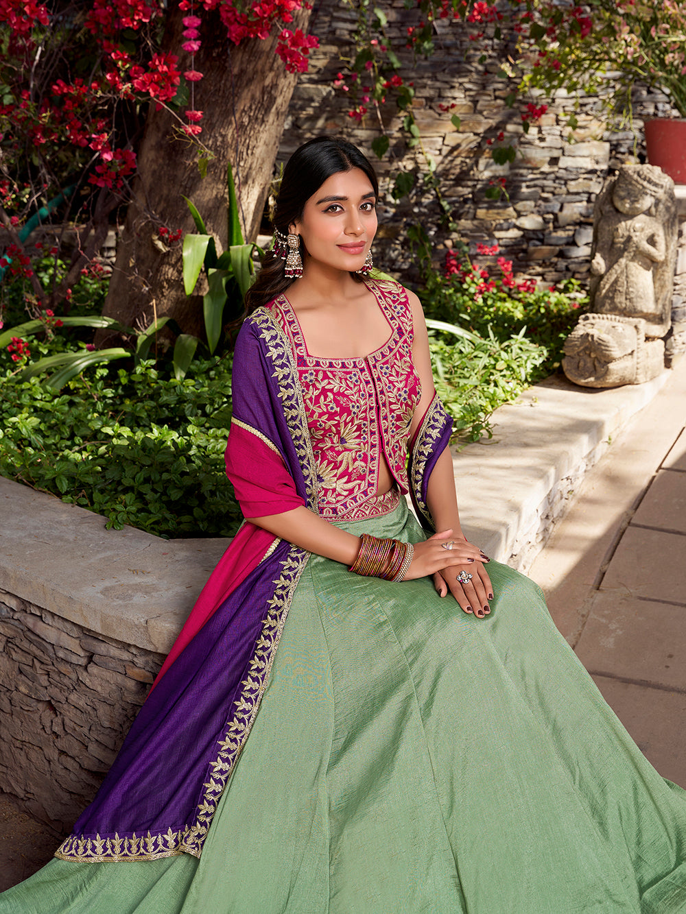 See Green Color Plain With Sequins And Thread Embroidery Work Vichitra Silk Lehenga choli