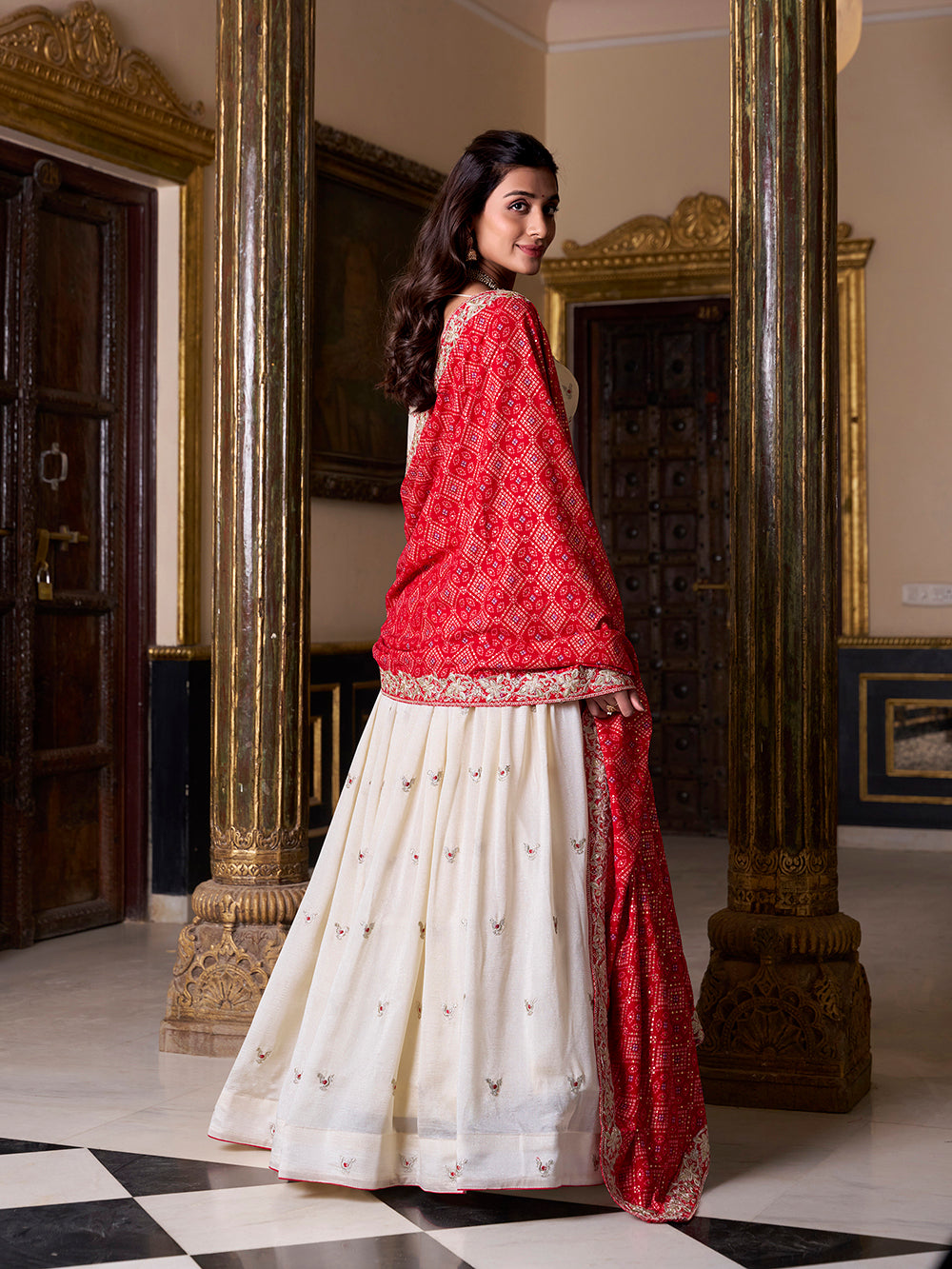 Off White Color Sequins And Thread Embroidery Work Vichitra Silk Lehenga Choli